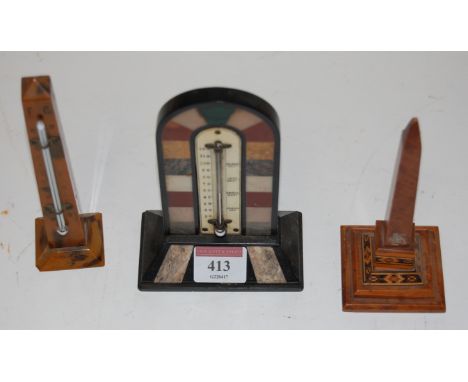 A Victorian black slate and pietra-dura desktop thermometer (a/f); together with one other Victorian Tunbridge decorated obel