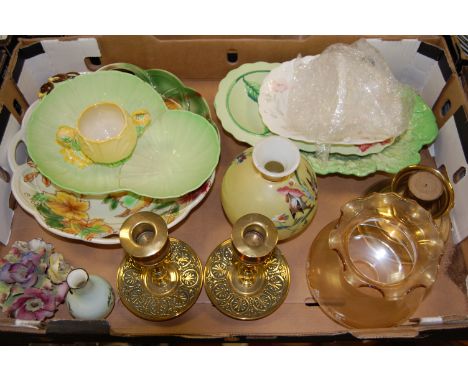 A box of miscellaneous items to include; early 20th century globular glass vase decorated with birds and flowers, Carltonware