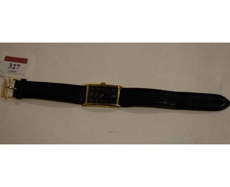 A gents Tiffany & Co gilt metal cased tank watch, having signed black dial, manual wind jewelled movement, dial appears re-fi