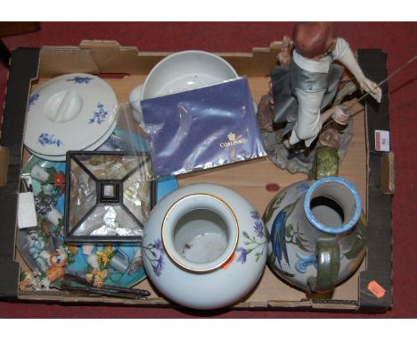 A box of miscellaneous items to include Capo di Monte figure of a fisherman, mother of pearl mounted trinket jar and cover et