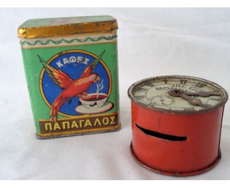 2 vintage tins, one in the form of a money box
