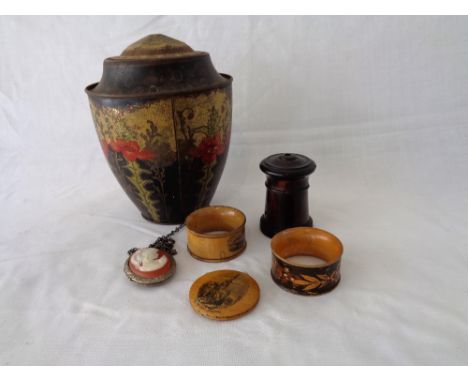 A vintage biscuit tin, cameo, 2 mauchline napkin rings and a mauchline pin holder