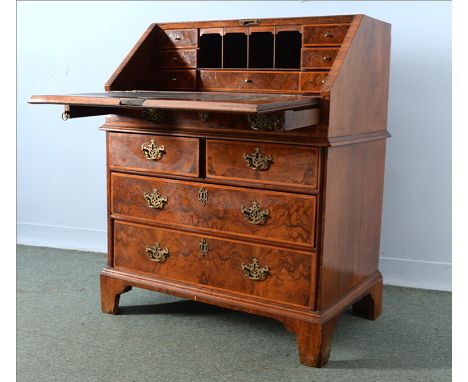 George I Walnut Bureau with a fitted interior and well above two short and 2 long draws on bracket feet - H95cm  W78cm  D50cm