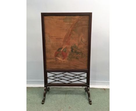 An early 19thc Regency Mahogany Firescreen with silk tapestry depicting a Golden Pheasant - H115cm  W65cm