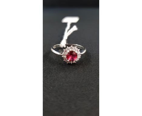 SILVER ROUND CUT SYNTHETIC RUBY &amp; CZ RING