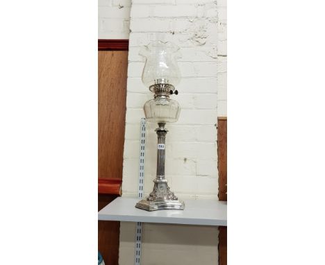 SILVER PLATE OIL LAMP (CHIP ON SHADE)