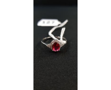 SILVER OVAL CUT SYNTHETIC RUBY &amp; CZ RING
