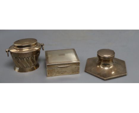 An Edwardian silver tea caddy, Walker &amp; Hall, Sheffield, 1907, a later silver cigarette box and silver inkwell.CONDITION: