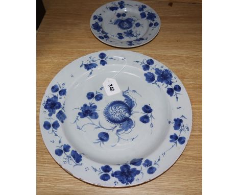 An 18th century Glasgow Delftware charger and a matching plate, largest 35.5cmCONDITION: The larger charger has a 3in. crack 