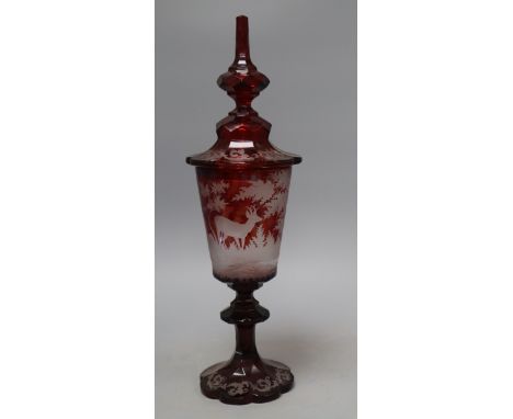 A Bohemian ruby glass goblet and cover, height 40cmCONDITION: Good condition