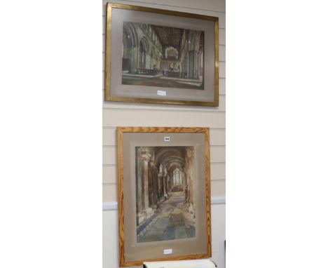 A Van Anvooy, watercolour, cathedral interior, 34 x 51cm and a church interior monogrammed L K, 52 x 36cmCONDITION: Both in g