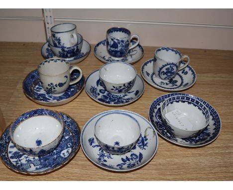 A group of Caughley, Worcester and Liverpool blue and white tea bowls, coffee cups and saucers, c.1770-90 (17)