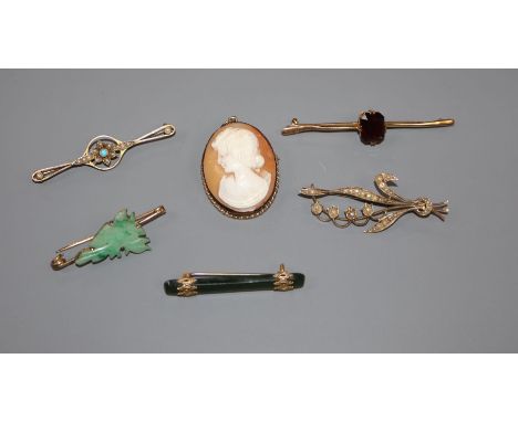 Six assorted brooches, including modern 9ct cameo, two yellow metal and jade, 9ct and garnet, 9ct and seed pearl spray and ye