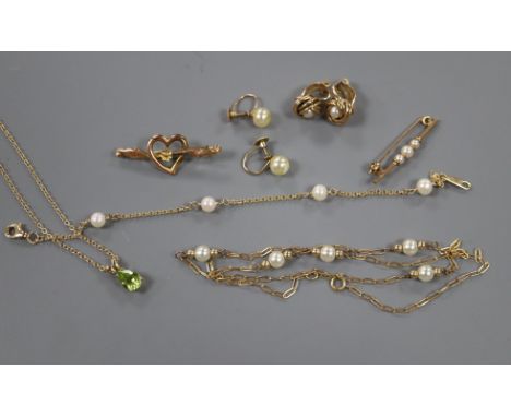 A 9ct gold and peridot pendant, a 14ct gold plated and cultured pearl necklace, a similar 9ct bracelet, a bar brooch and sund