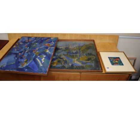 Carolyn Stafford, two oils, Flower painting and landscape, both signed, 61 x 51cm and 51 x 105cm, together with an etching of