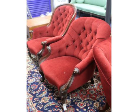 A Victorian walnut spoonback armchair, H.88cm W.66cm and a similar oak spoonback armchair, H. 98cm, W.70cm Condition:- walnut