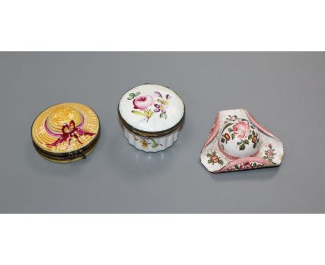 Two hat shaped pill boxes, one Limoges and an early 19th century English enamelled patch box