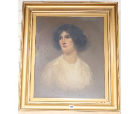 20th Century School, head and shoulder portrait of a lady, oil on canvas, 60cm x 50cmCONDITION: Paint rather dirty otherwise 