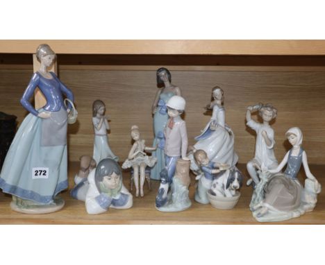 A quantity of Lladro and Nao (10)CONDITION: Seated ballerina figure has chips to skirt, boy with seated dog has a chip to the