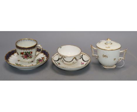 A Chelsea Derby tea bowl and saucer, a similar fluted cup an cover, c.1780, and a Worcester style cup and saucer, late 19th c