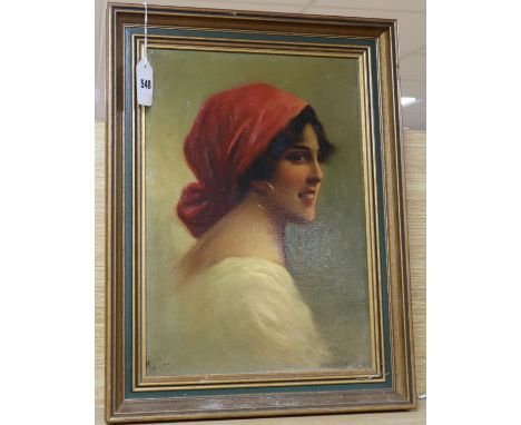 Italian School c.1900, oil on canvas board, Portrait of a young woman, indistinctly signed, 38 x 26cmCONDITION: A little dirt