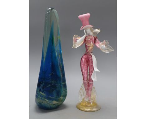 A Murano glass lady and a piece of Bristol blue abstract glassware, height 32cm