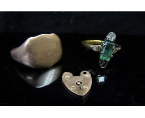 A 9ct gold signet ring, a ring stamped 18ct with diamonds and emerald, stone missing a/f, and a 9ct small gold padlock clasp,