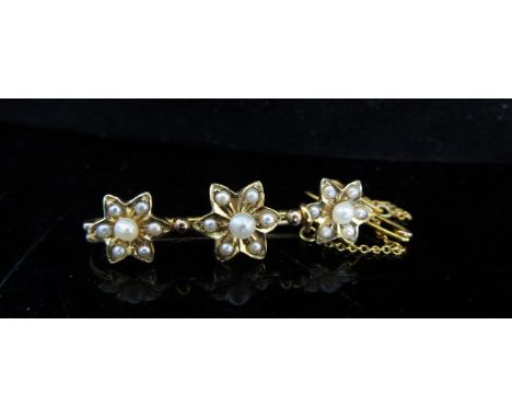 An Edwardian pendant of floral form stamped 8c hung on a metal chain, a gold chain stamped 9ct and a floral seed pearl bar br