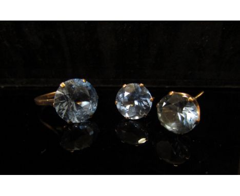 A dress ring with large blue circular stone, stamped 9ct. Size Q, with a pair of matching screw-back earrings, 10.5g total 