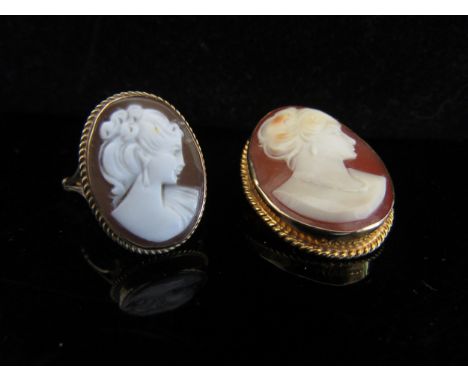 A 9ct gold cameo ring and similar brooch. Size N, 8.1g total 