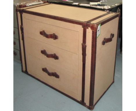 RALPH LAUREN STYLE TRUNK, with three drawers, cigar leather edge and straps, 50cm x 100cm L.