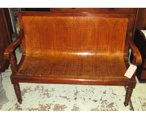 VICTORIAN BENCH, fruitwood with pierced bentwood seat and turned front supports, 123cm W. 