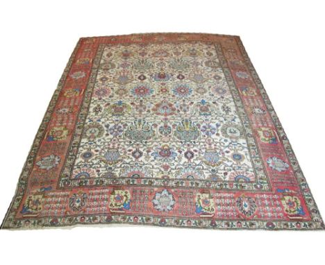 FINE VINTAGE TABRIZ CARPET, 362cm x 283cm, large palmette design on ivory field. 