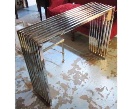 CONSOLE TABLE, modern slatted steel in Art Deco style of plain rectangular form, 85cm H x 120cm W x 36cm D. 