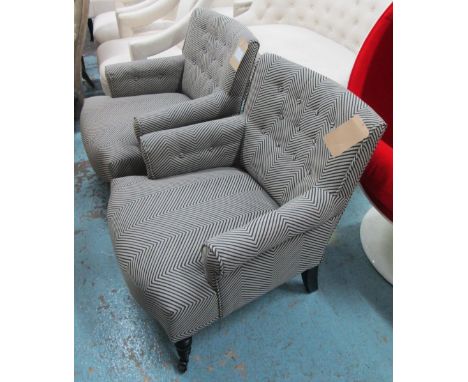 BUTTON BACK ARMCHAIRS, a pair, in herringbone fabric on front castors, 70cm W. (2)