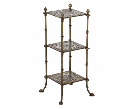 Cast iron 3-shelf etagère with beautiful decor and standing on claw feet, marked Musterschutz 1570, Germany late 19th century