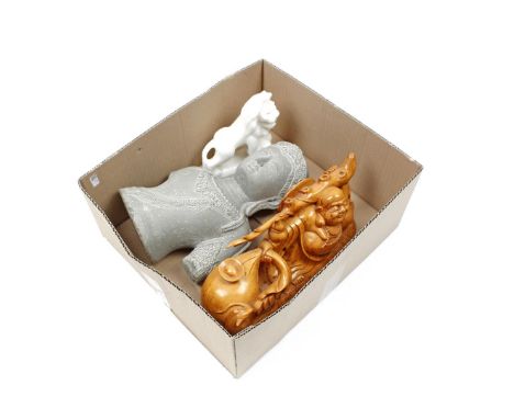 Box with stone Buddha, 31 cm high, wooden Asian decoration Happy Buddha, 15 cm high, 32 cm wide (ear of mouse manco) and alab