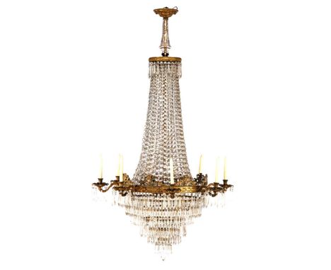 8-light chandelier with brass fitting, many cut crystal icicles and 8 candlesticks, 197 cm high (including chain 397 cm long)