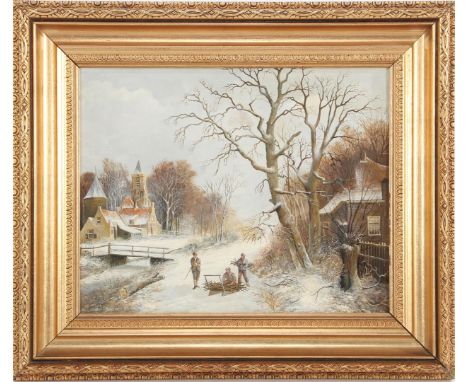 Jan van der Meer (1942-)Winter landscape with wood gatherers with sled after work by W Koekkoek, canvas 40x50 cm