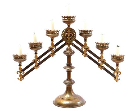 Brass 7-light church candlestick with adjustable arms, center 52 cm high