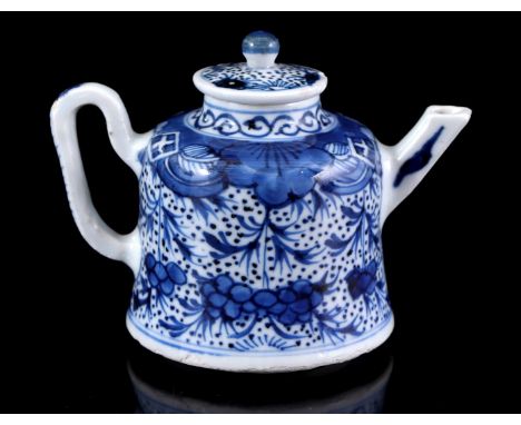 Porcelain bell-shaped teapot with blue and white floral decor and various patterns and symbols, China Kangxi period, 8 cm hig