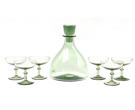 Possible design Per Lutken, green glass liqueur set consisting of decanter with 6 coupes (1 with edge chip)