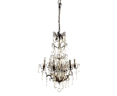 Brass 18-light chandelier with many crystals, 100 cm high, 66 cm diameter, with 50 cm chain