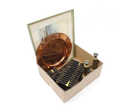 Box with copper Jugendstil saucer from 1907, 35 cm diameter, 2 copper with marble candlesticks, 23 cm high, 4 Chinese wooden 