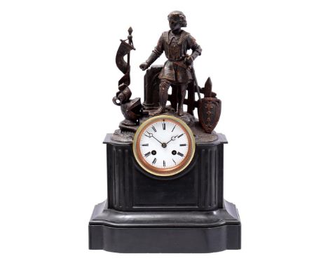 Natural stone and zamak mantel clock with fluted flanks and noble man on top with various attributes such as sword, shield, h