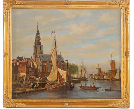 Jan van der Meer (1942-)Cityscape after the old master with many figures on the quay when the fish is brought in, panel 50x60