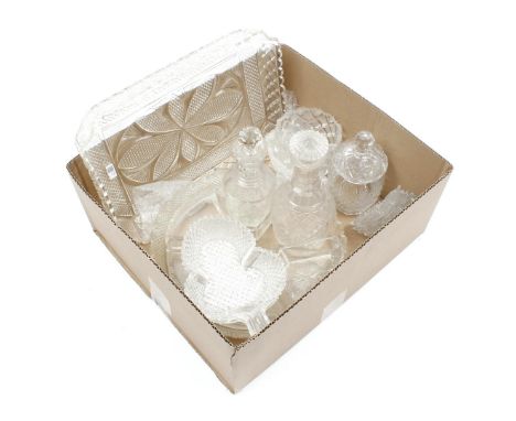 Box with cut crystal carafes, compartment scale, various bowls, sugar bowl, etc.