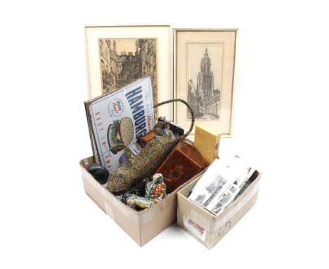 Various box including advertising plates, wooden boxes, metronome, figurines, 2 etchings Arnhem by K. Legrand and Marius Jans