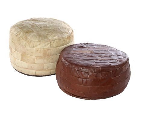 Light brown leather patchwork pouf, 35 cm high, 48 cm diameter and dark brown leather patchwork pouf, 23 cm high, 52 cm diame