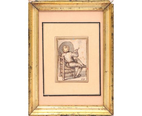Monogram AvO (possibly Adriaan van Ostade), man with pipe on chair, drawing with sepia, 8x5.5 cm